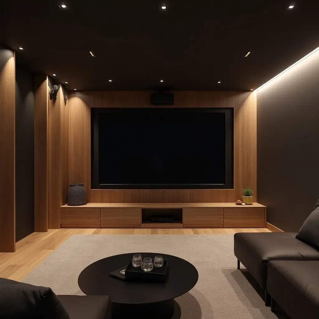 a photo of a sleek basement entertainment area with a projector