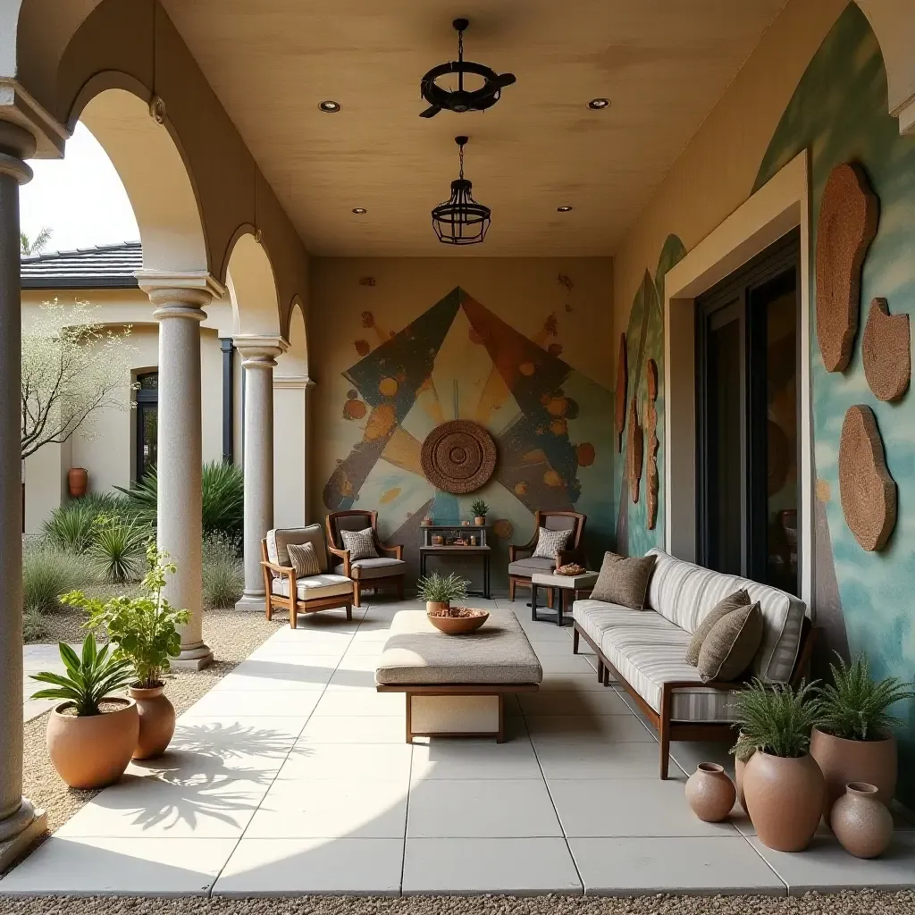 a photo of a detached covered patio with artistic wall murals and sculptures