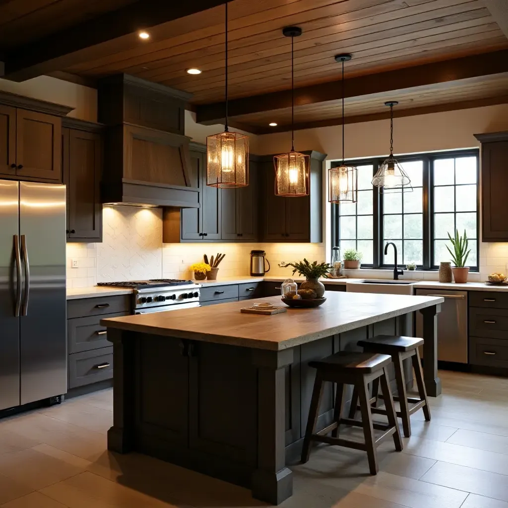 a photo of a kitchen with a rustic island and decorative lighting