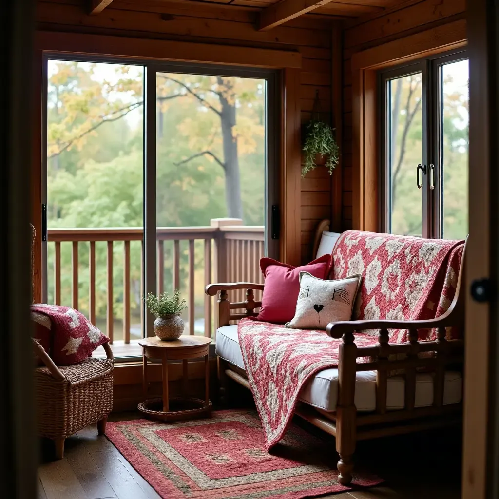 a photo of a cozy balcony nook with quilts and rustic decor