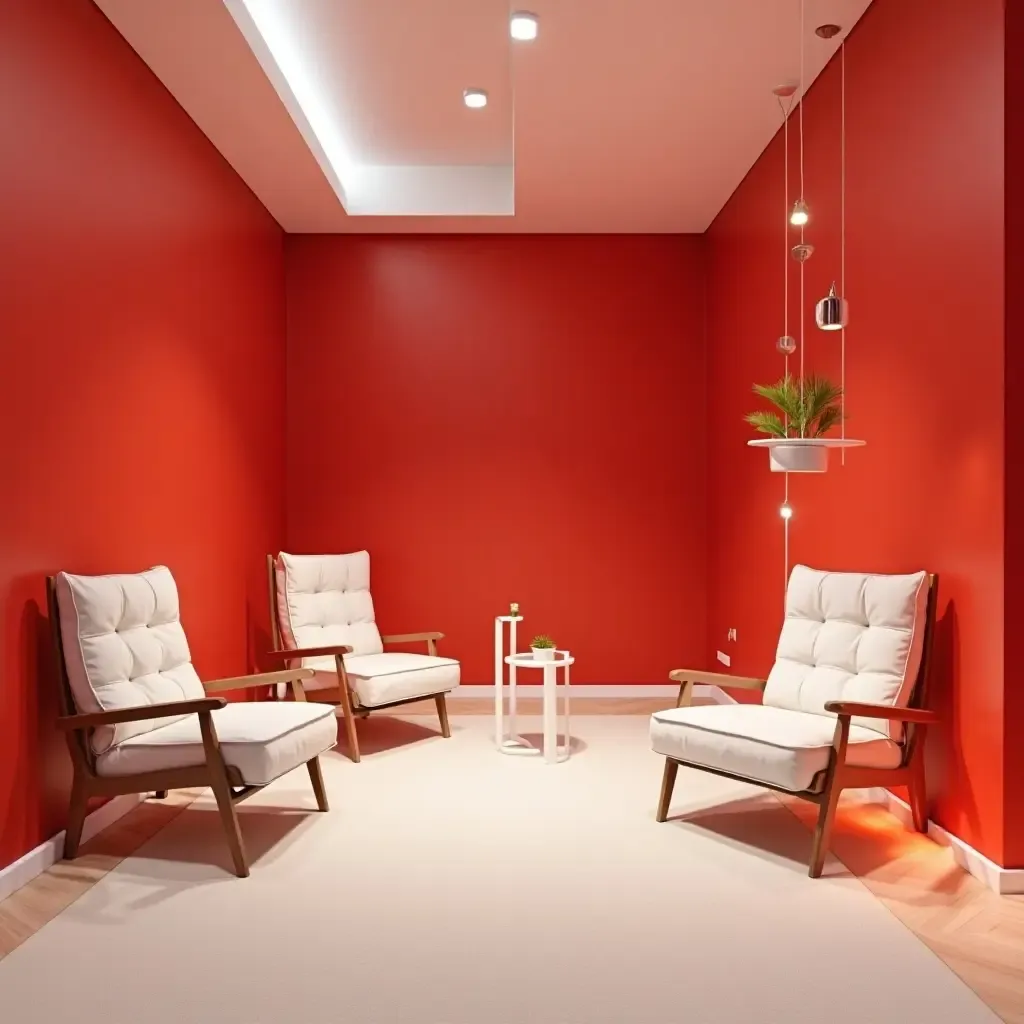 a photo of a trendy basement in bold red and cool white contrast