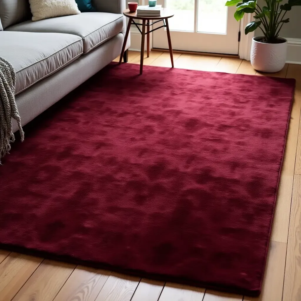 a photo of a chic burgundy area rug on a wooden floor