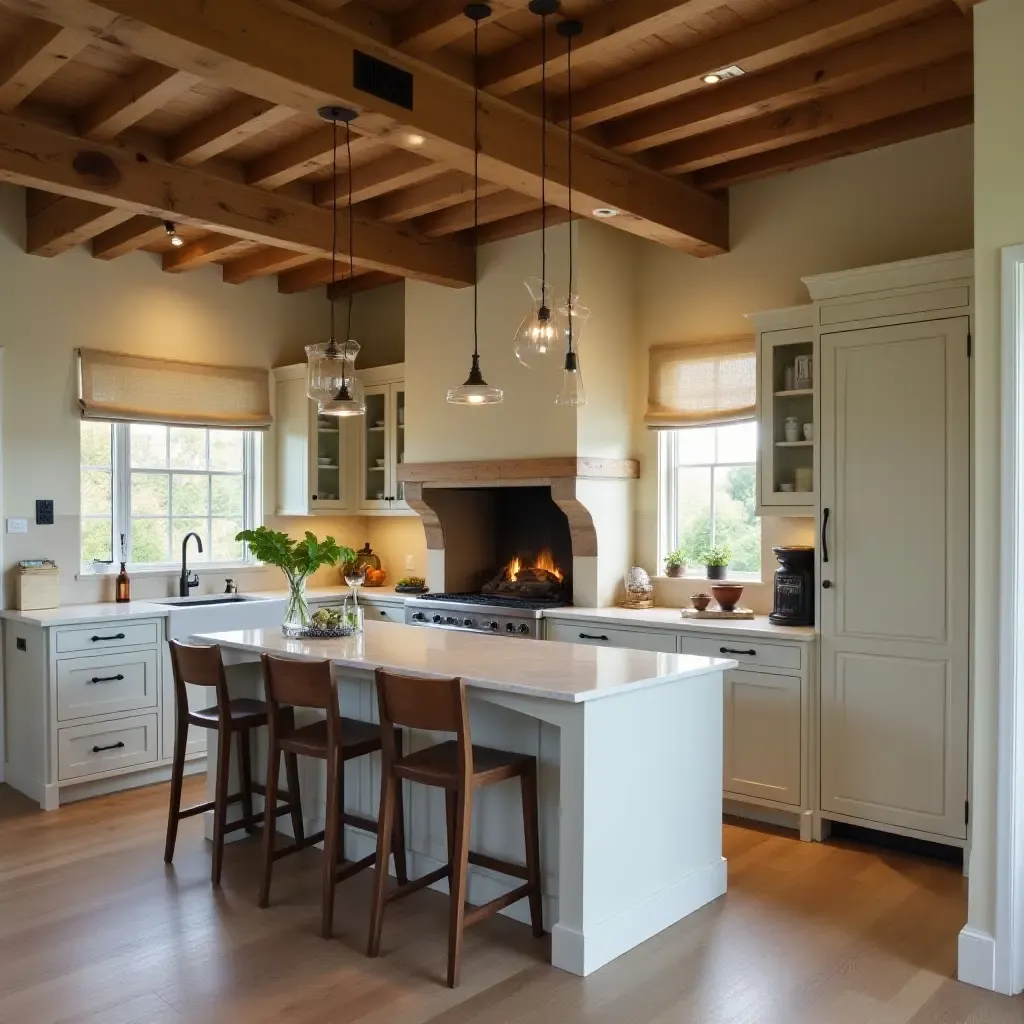 a photo of a charming kitchen with a fireplace and wooden beams