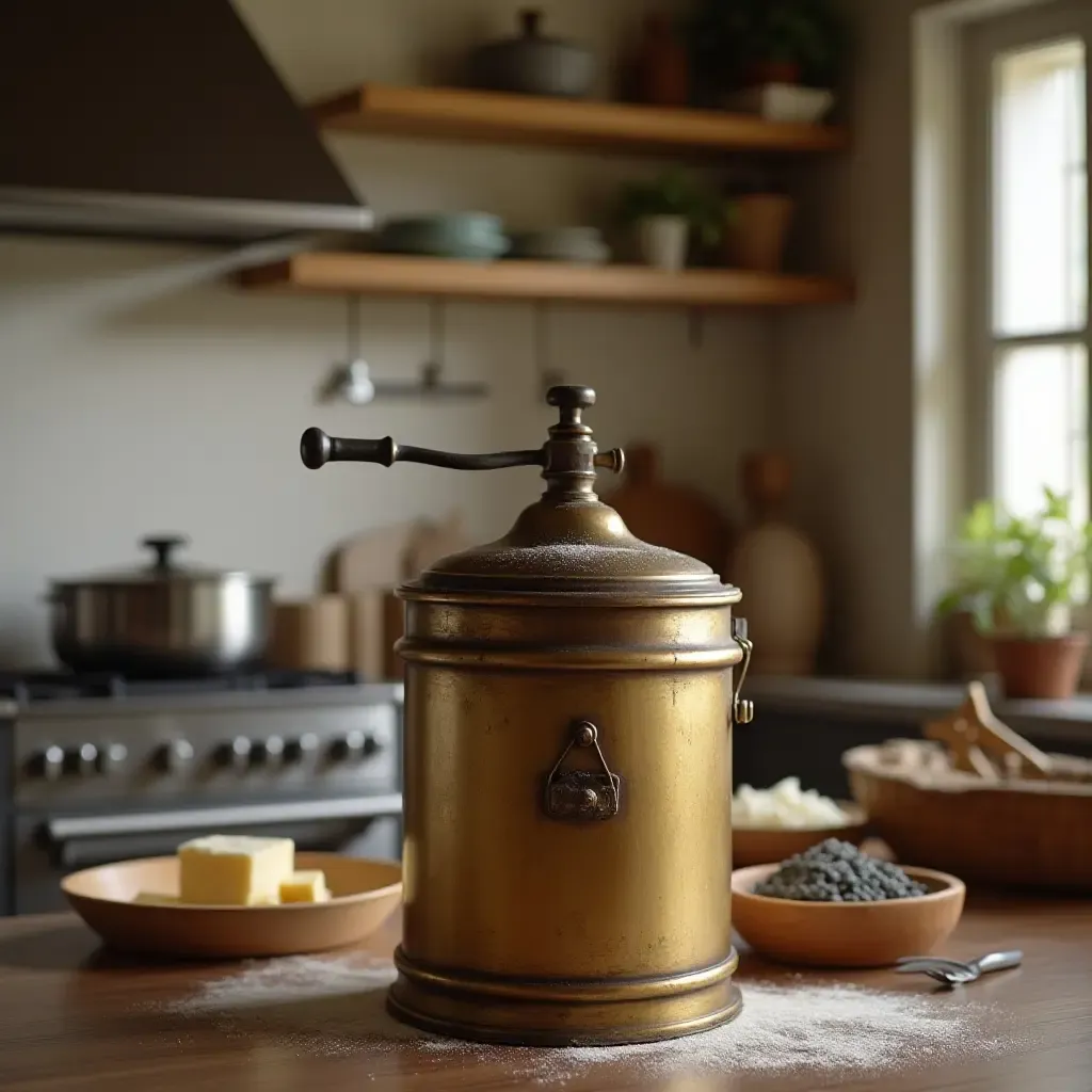 a photo of an antique butter churn in a modern kitchen