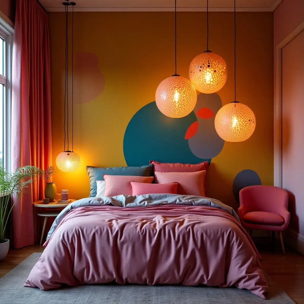 a photo of a vibrant bedroom with artistic pendant lights as focal points