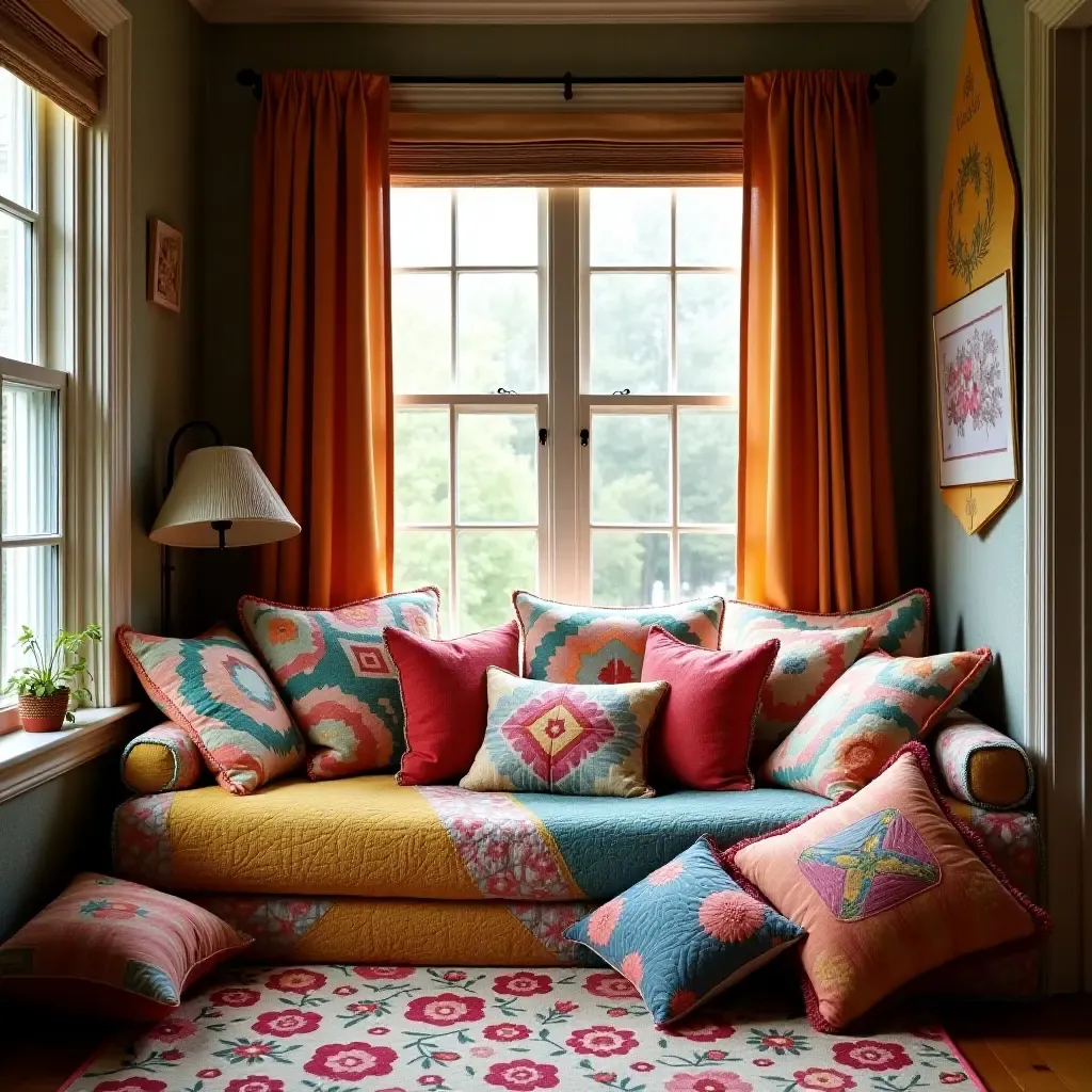 a photo of a reading nook adorned with colorful quilts and cushions