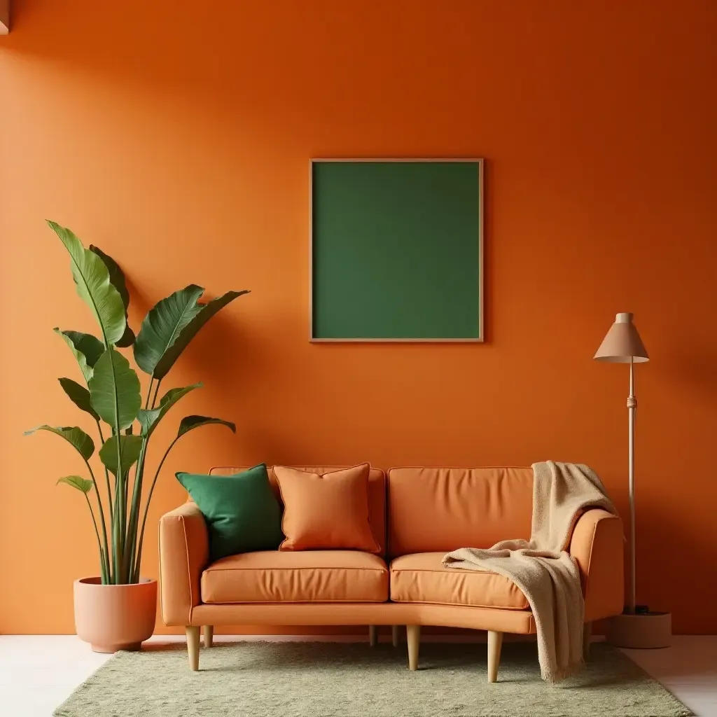 a photo of a vibrant burnt orange accent wall paired with green decor