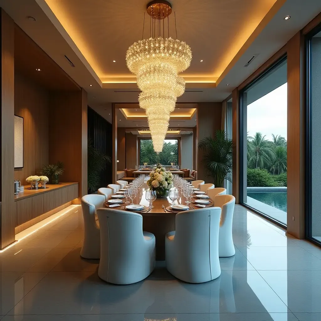 a photo of a glamorous dining area featuring a chandelier above the pool