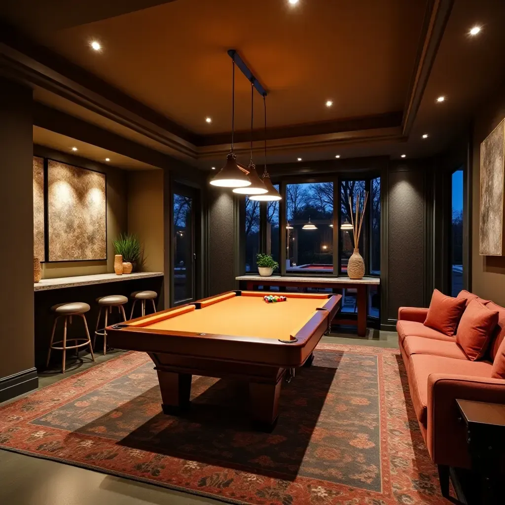 a photo of a welcoming basement lounge with a pool table and comfortable seating