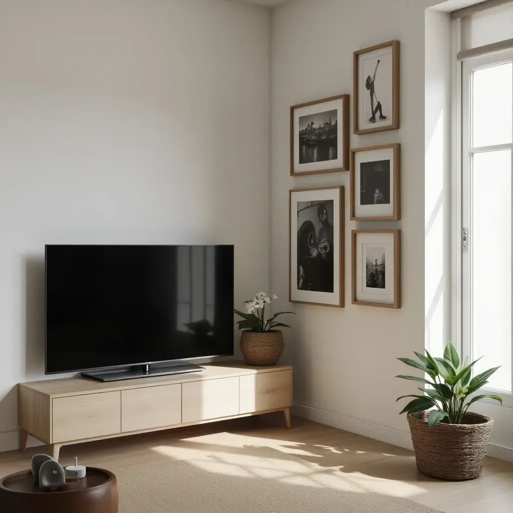 a photo of a corner TV with a gallery wall of photos