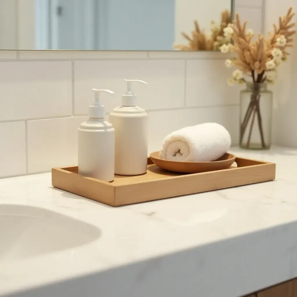 a photo of a wooden tray with bath essentials on a vanity