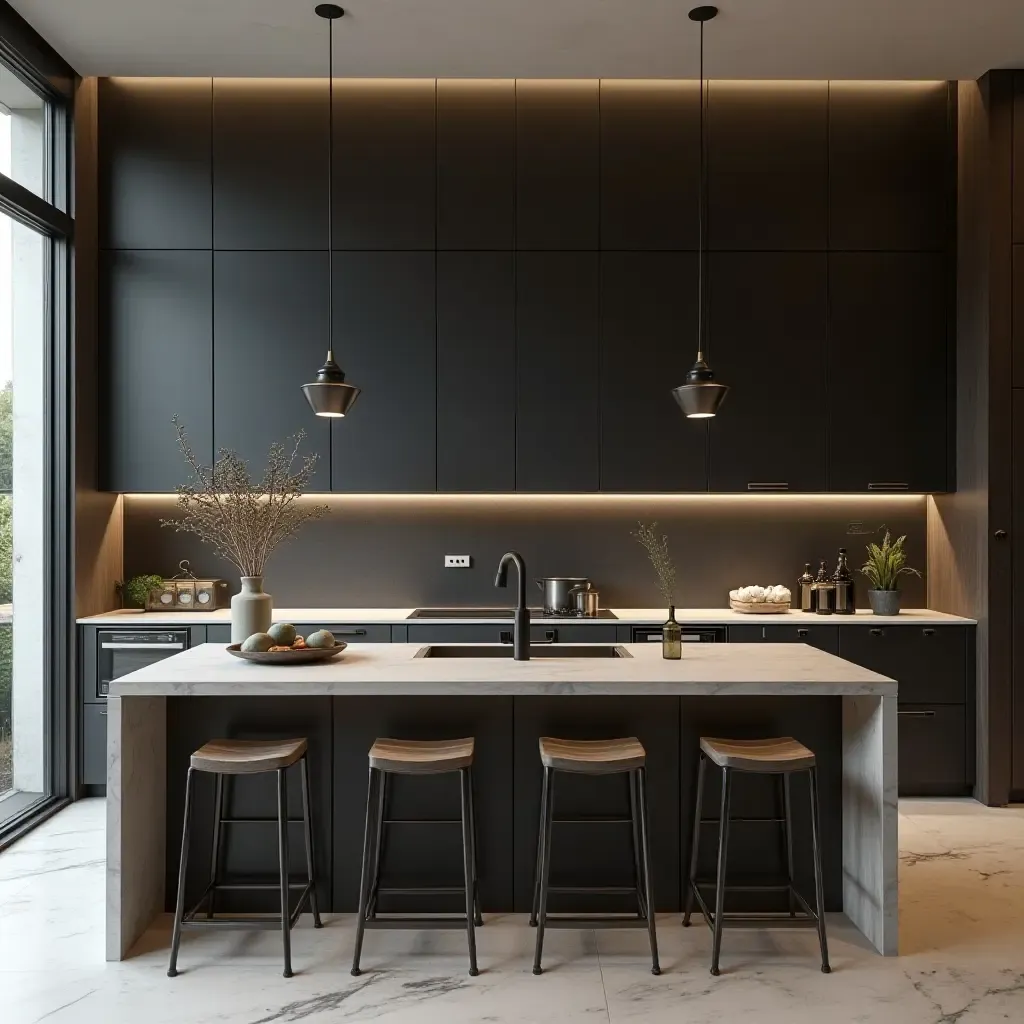 a photo of a high-end kitchen with a chalkboard feature wall and elegant finishes