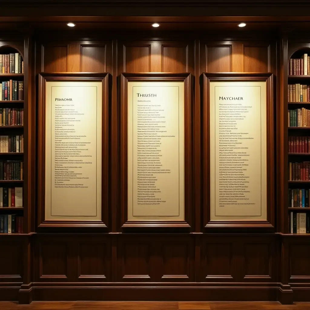 a photo of a library wall displaying framed poetry