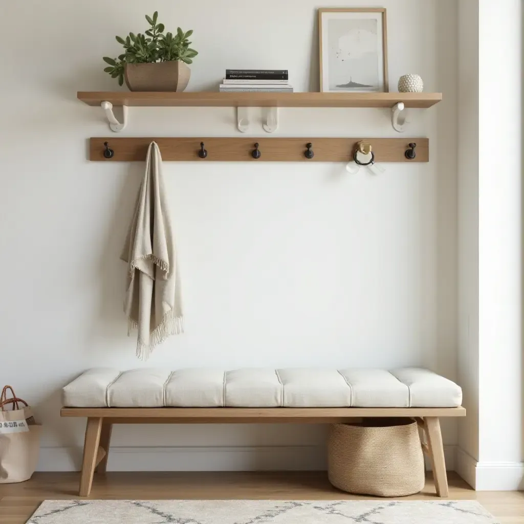 a photo of a functional entryway with a wall-mounted shelf and bench