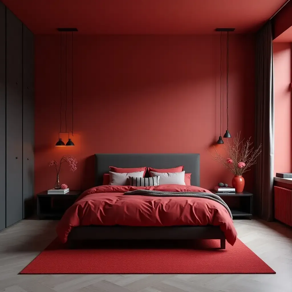 a photo of a bold red and charcoal gray bedroom showcasing modern furniture