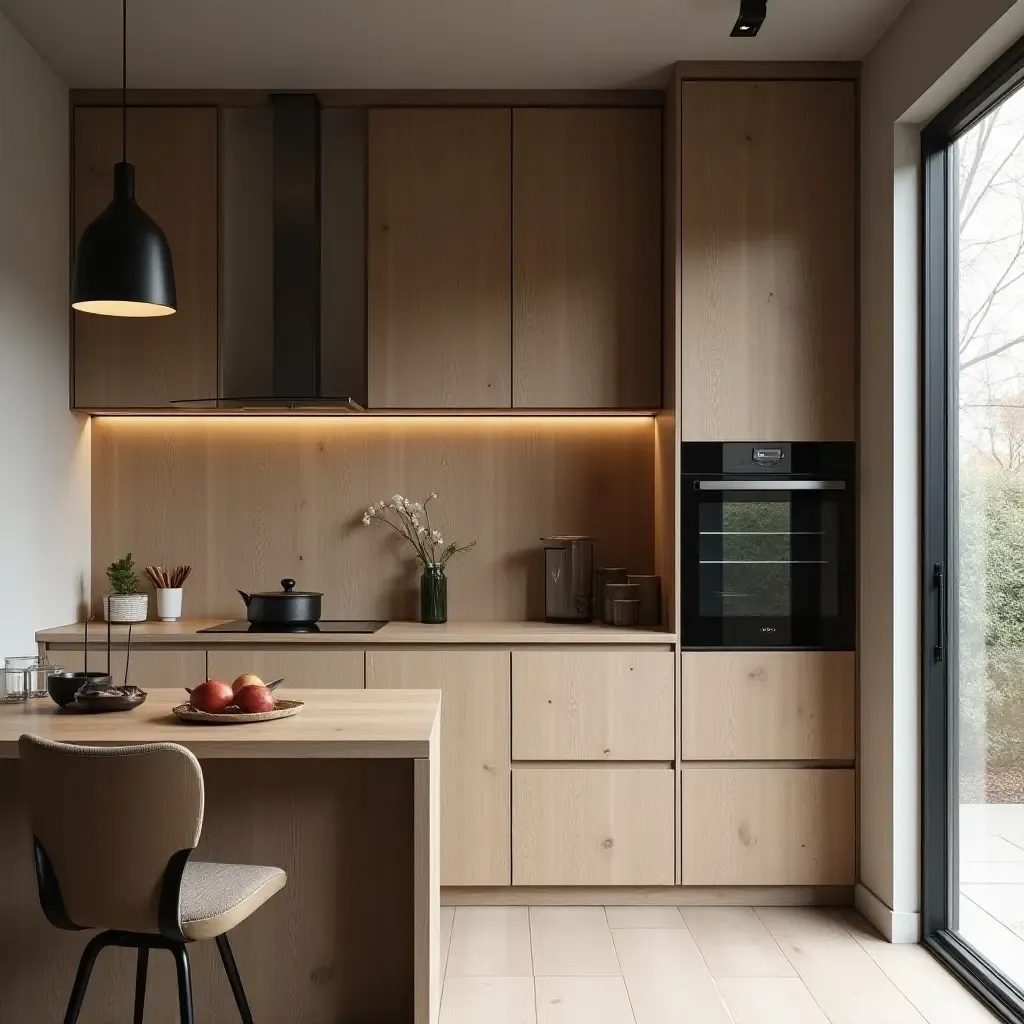 a photo of a small kitchen with a combination of wood and metal elements