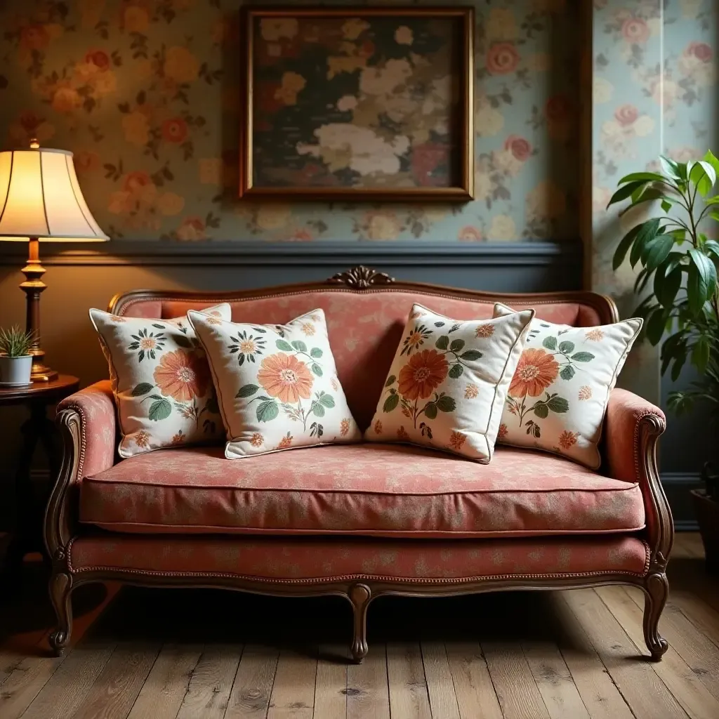 a photo of a vintage basement with floral throw pillows on an antique loveseat