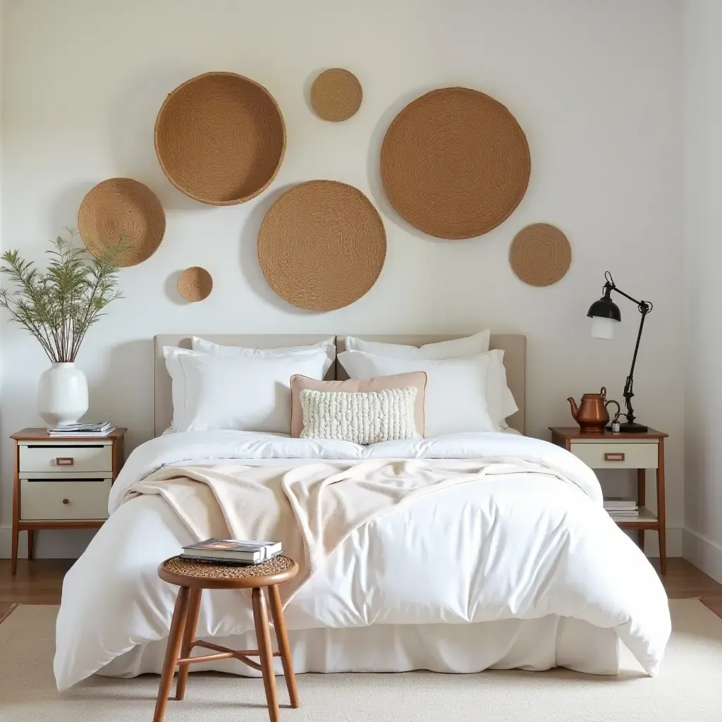 a photo of a stylish bedroom with a statement wall of woven baskets