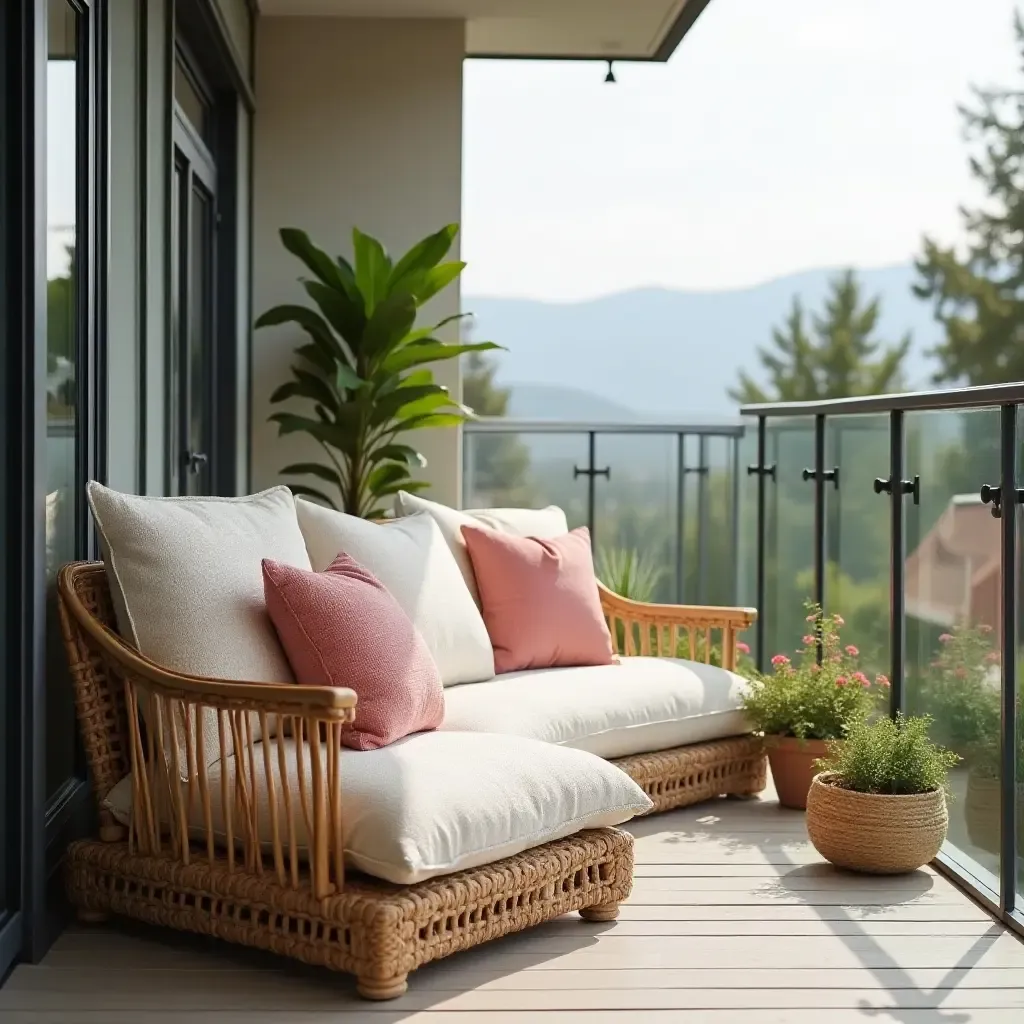 a photo of a balcony with oversized throw pillows for lounging