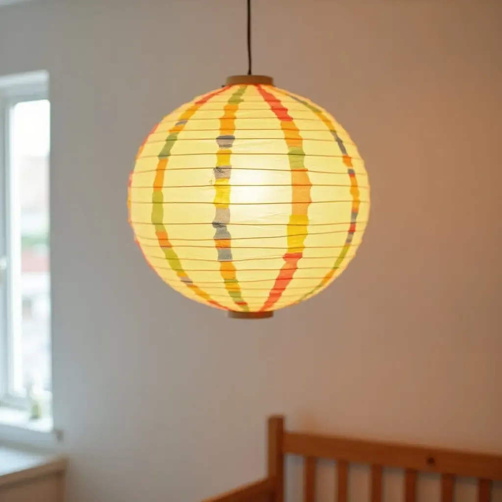 a photo of a colorful paper lantern pendant light in a cheerful nursery