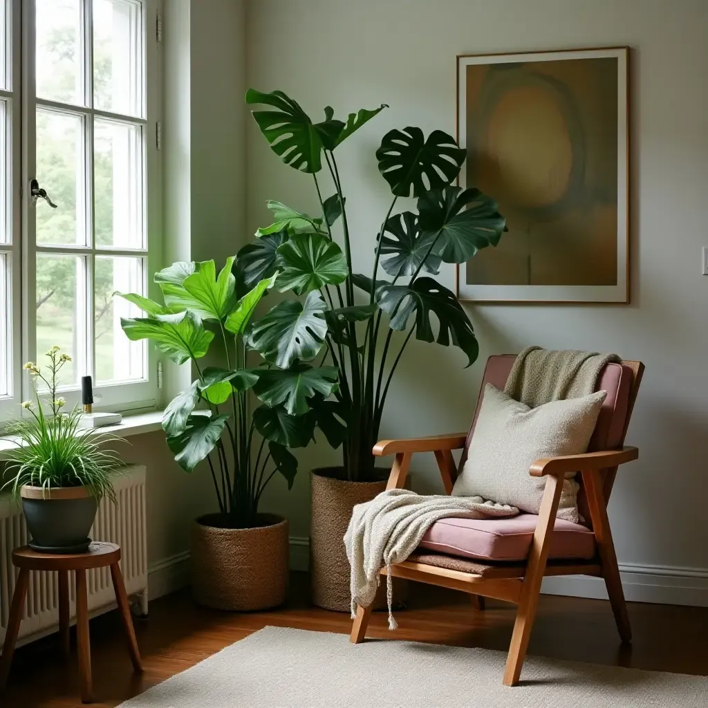 a photo of a cozy corner with potted ferns