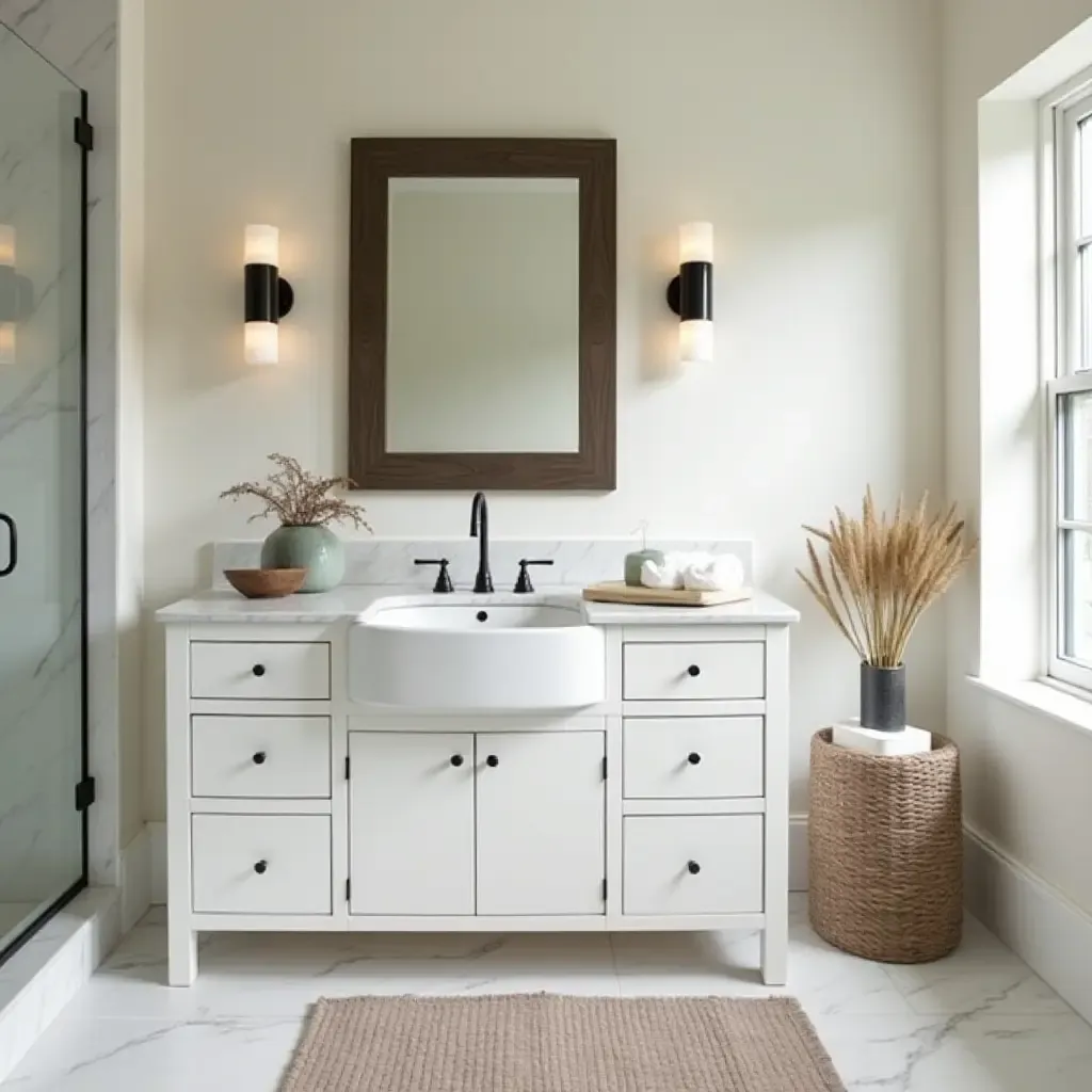 a photo of a stylish bathroom with a farmhouse sink and decorative accents