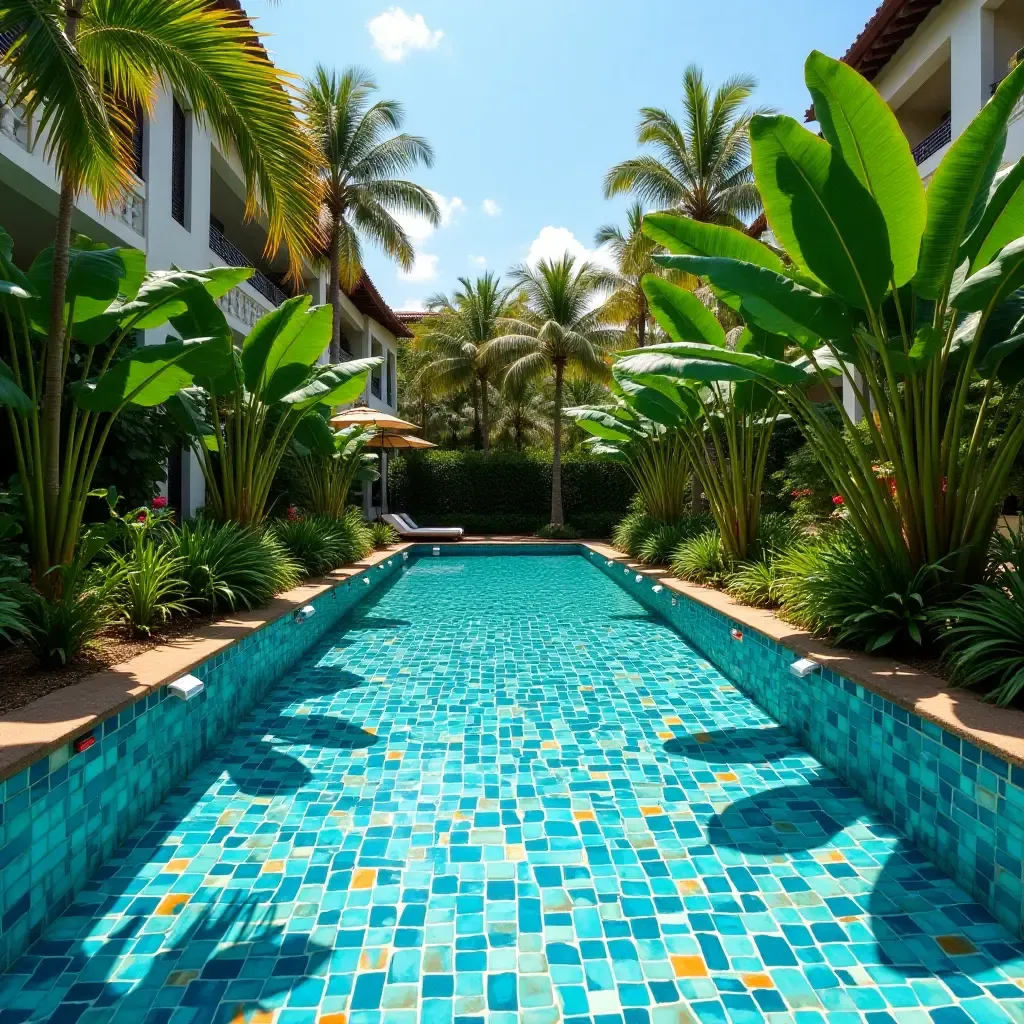 a photo of a colorful mosaic tile pool with tropical plants