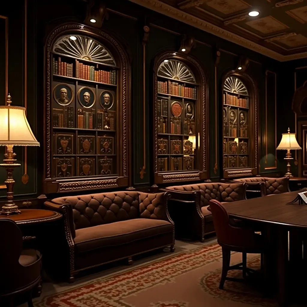 a photo of a vintage library with ornate mirrors on the walls