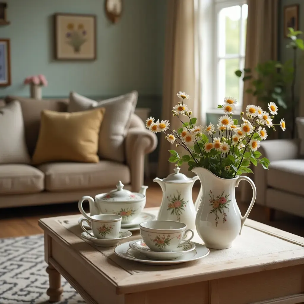 a photo of a living room featuring a vintage tea set and fresh flowers