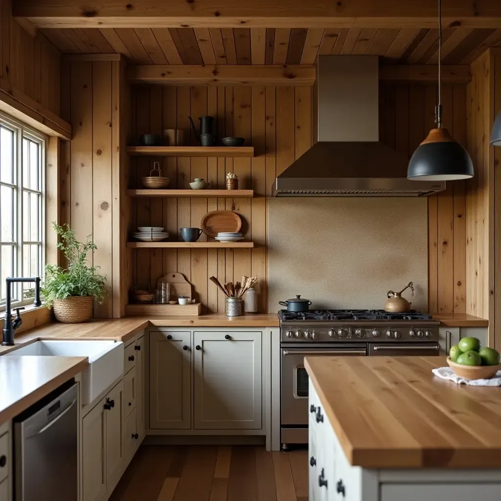 a photo of a kitchen with reclaimed wood paneling on walls