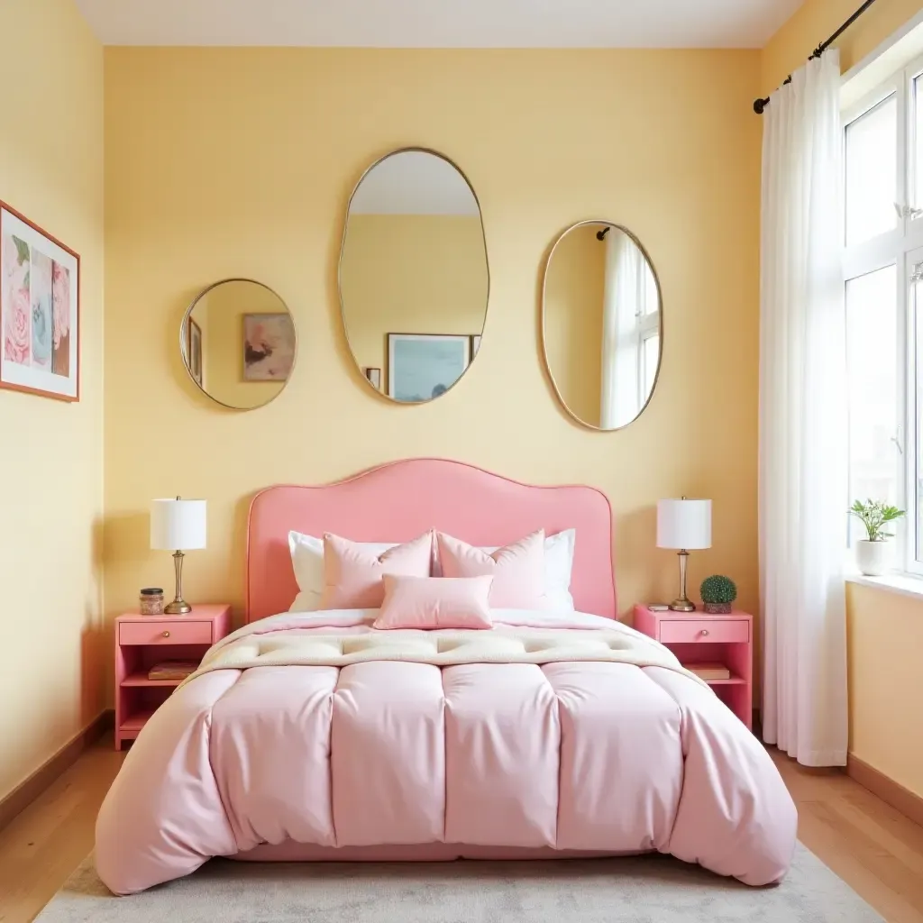 a photo of a youthful bedroom with fun mirror shapes and vibrant colors