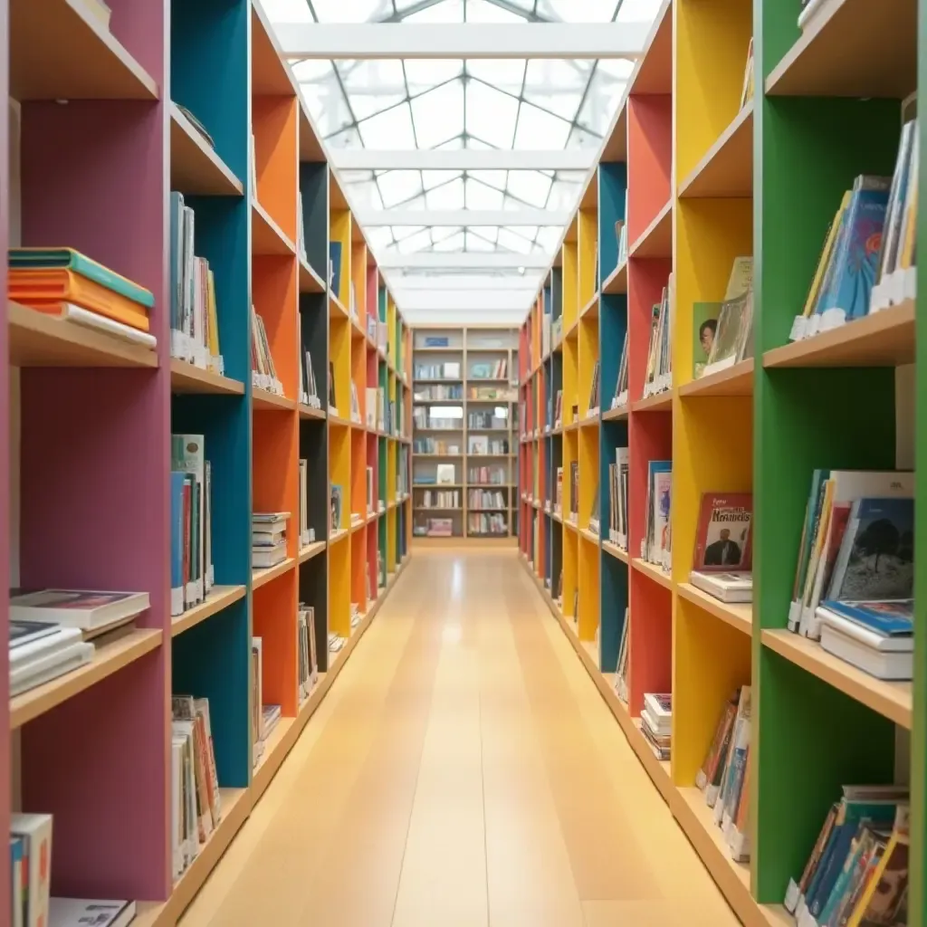 a photo of a library with colorful, open-faced shelving units