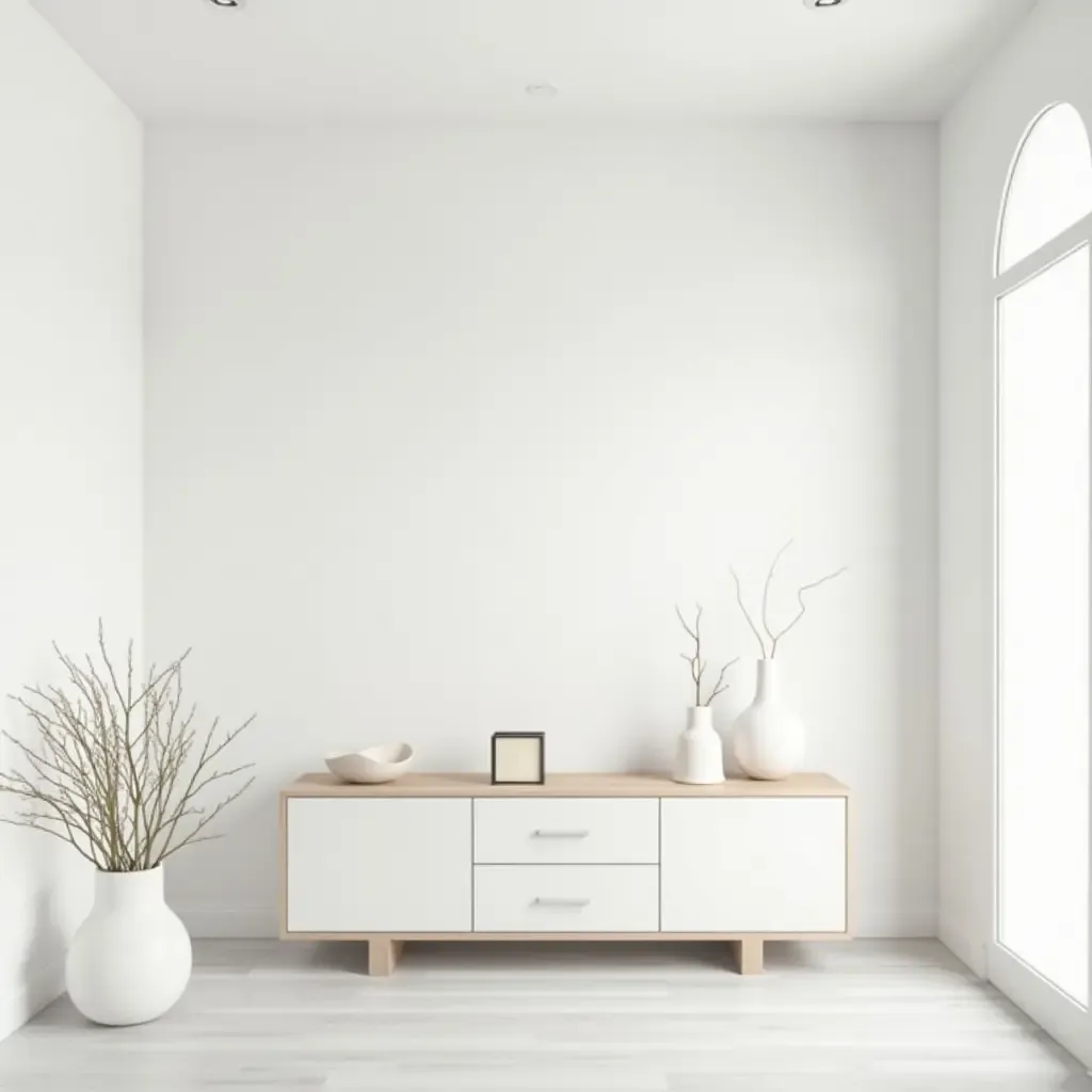 a photo of a bright entrance hall featuring white walls and a simple console table