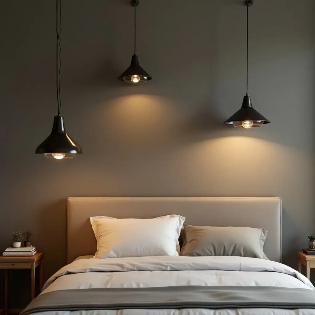 a photo of industrial-style pendant lights hanging over a bed