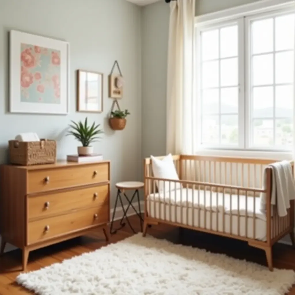 a photo of a nursery featuring a vintage dresser and modern crib