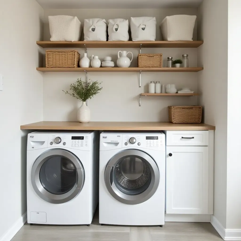 a photo of a basement laundry room with functional shelving for supplies