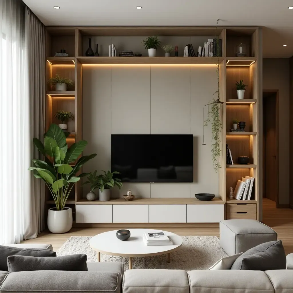 a photo of a small living room with vertical storage solutions and plants for a refreshing atmosphere