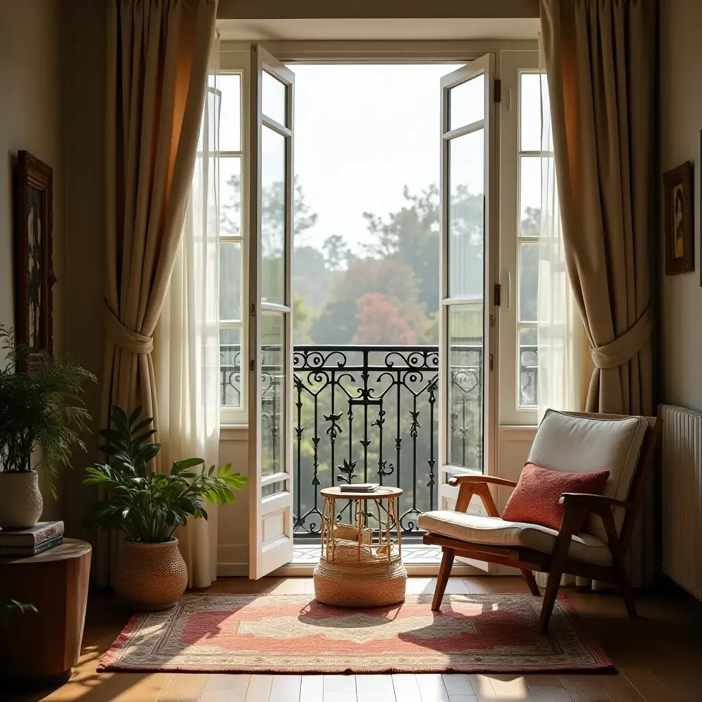 a photo of a balcony with a cozy reading corner