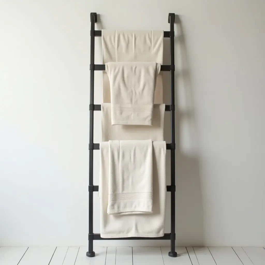 a photo of a metal ladder used for towel storage