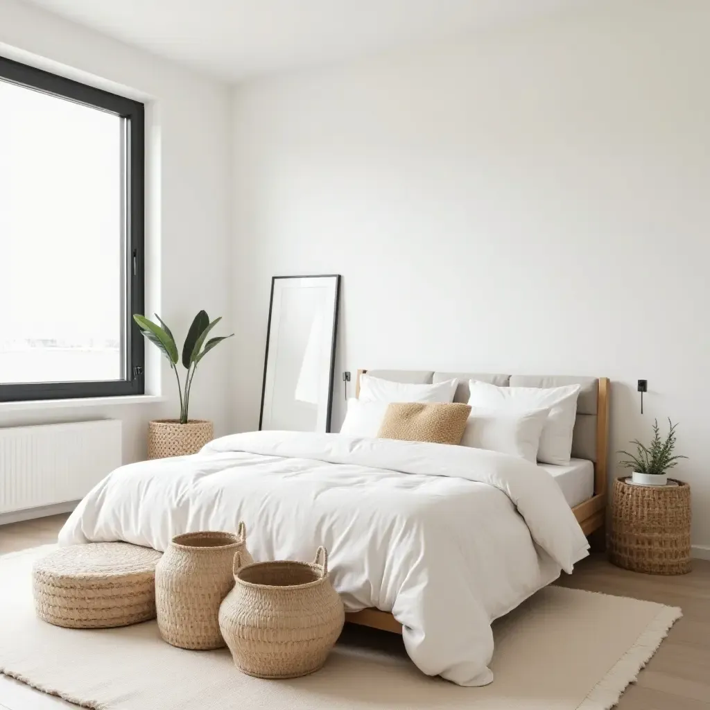 a photo of a minimalist bedroom with bohemian woven baskets