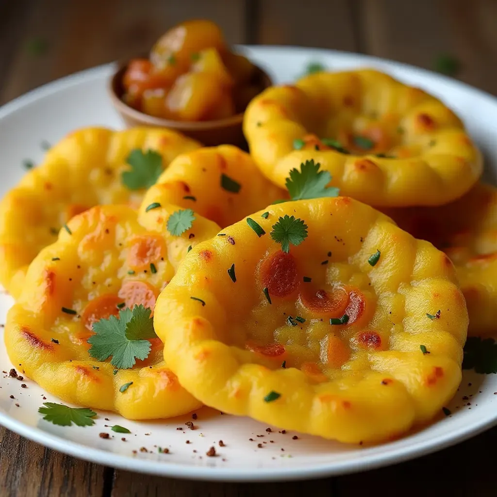 a photo of colorful thepla bread with fenugreek, served with tangy mango pickle.