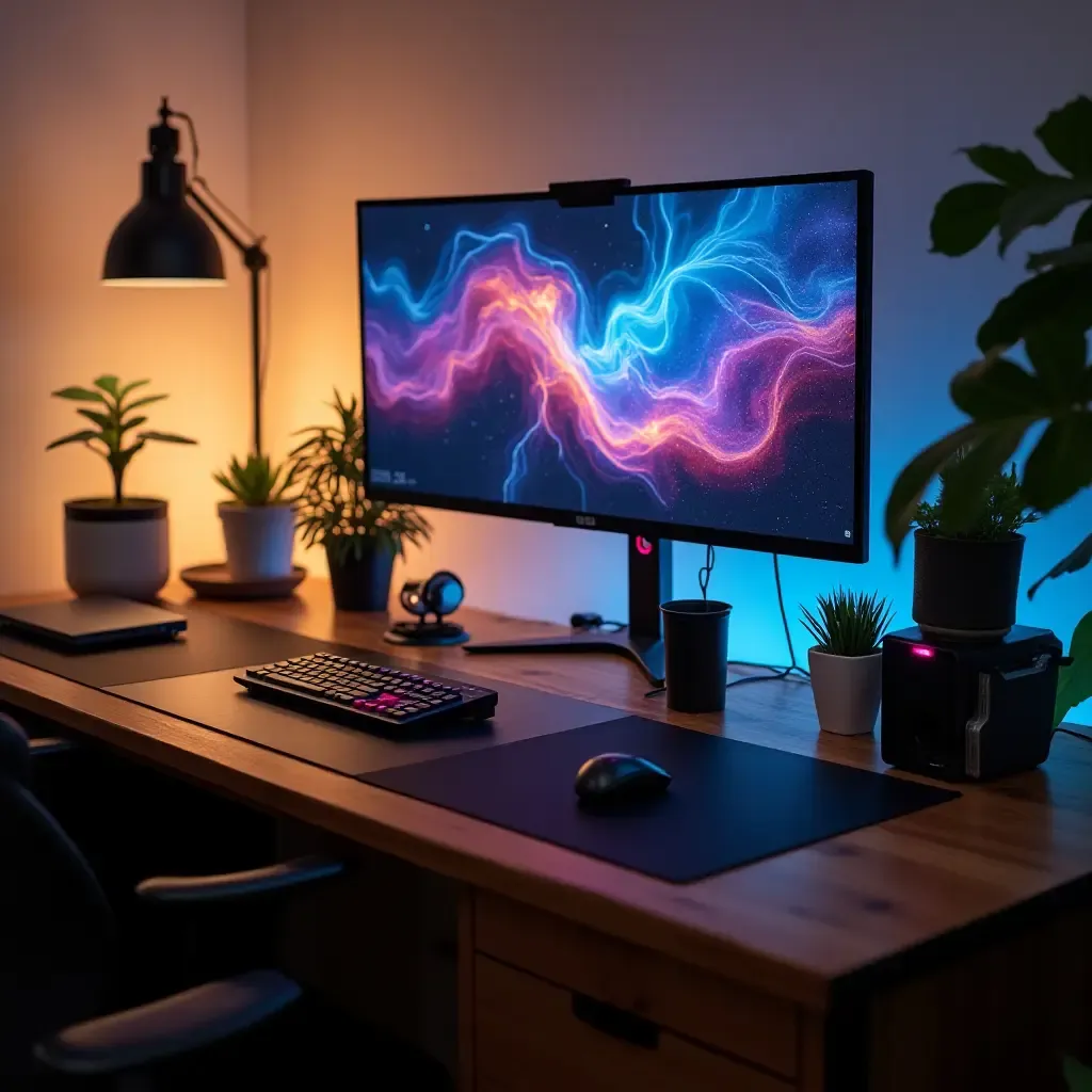 a photo of a tech-savvy desk with smart gadgets and cable management