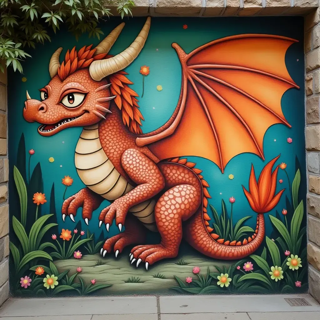 a photo of a whimsical dragon mural in a fantasy setting