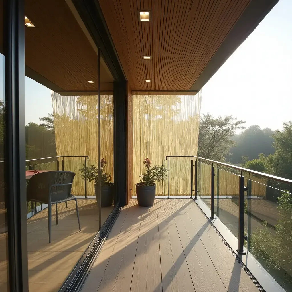 a photo of a glass balcony with translucent bamboo screens for a natural look