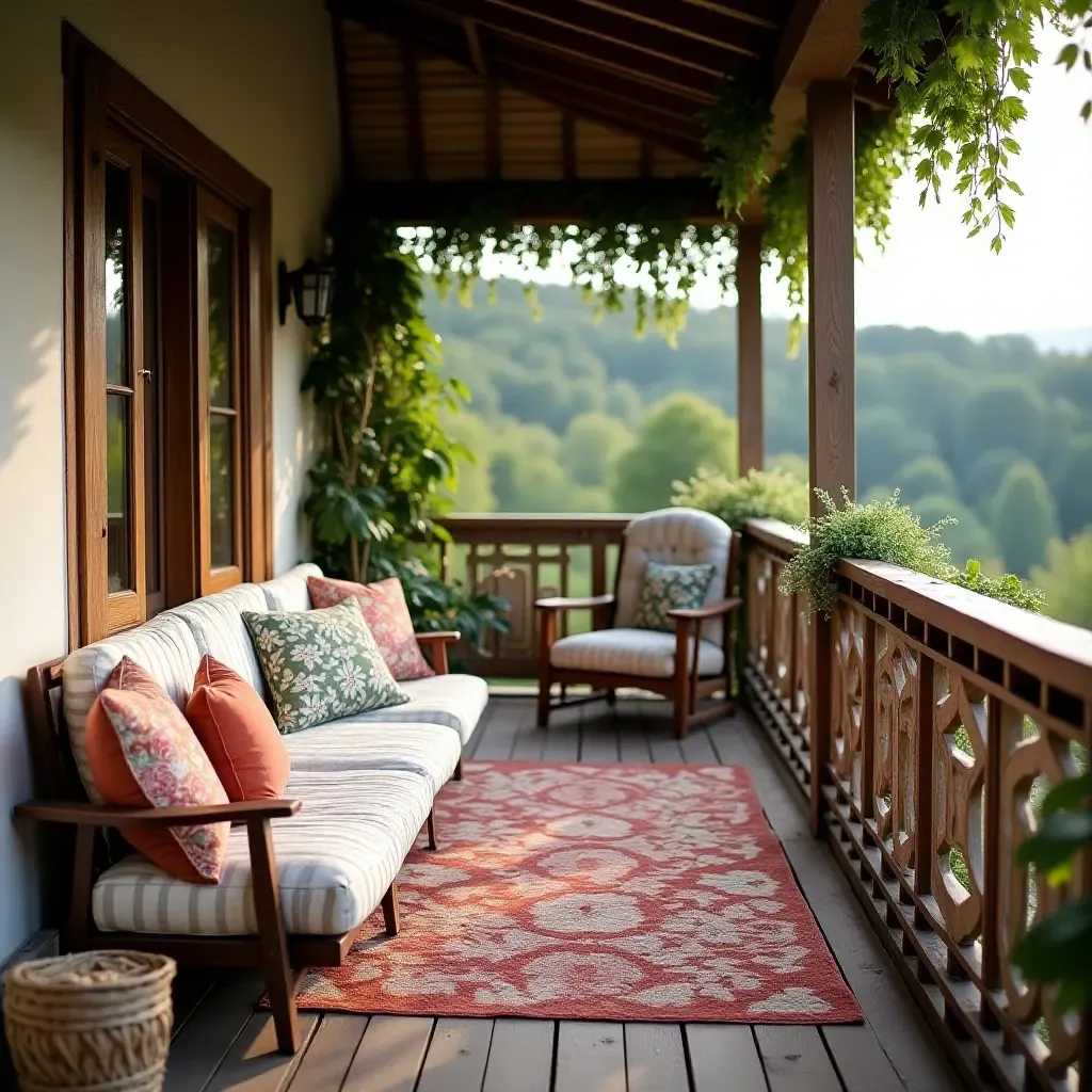 a photo of a balcony adorned with vintage quilts and cushions for comfort