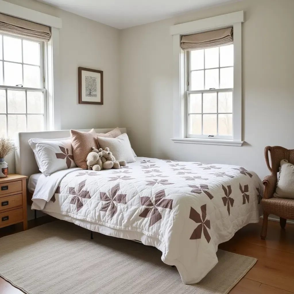 a photo of a serene farmhouse bedroom with a quilted bedspread and stuffed animals