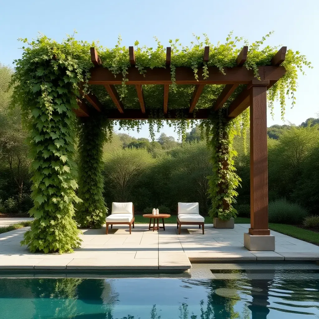 a photo of a rustic wooden pergola draped with vines by the pool