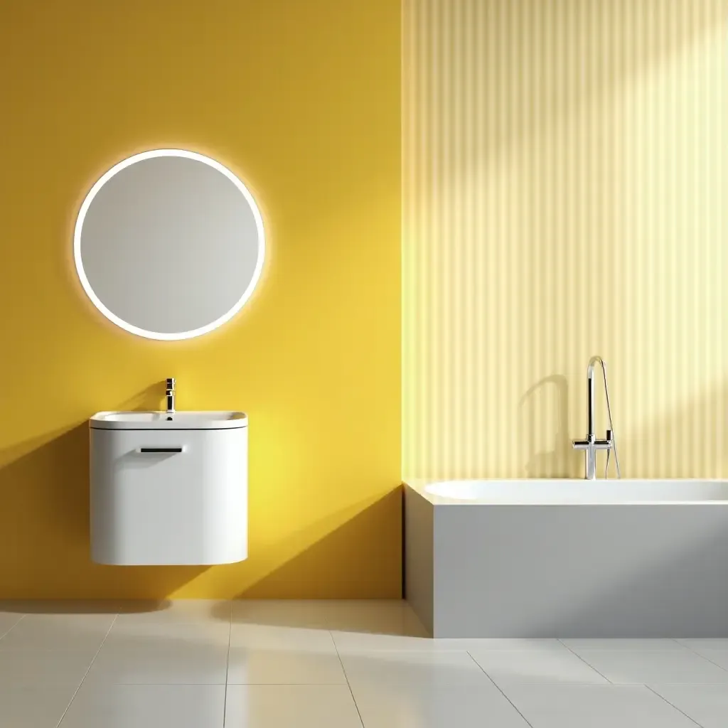 a photo of a sunny yellow and gray bathroom featuring modern fixtures