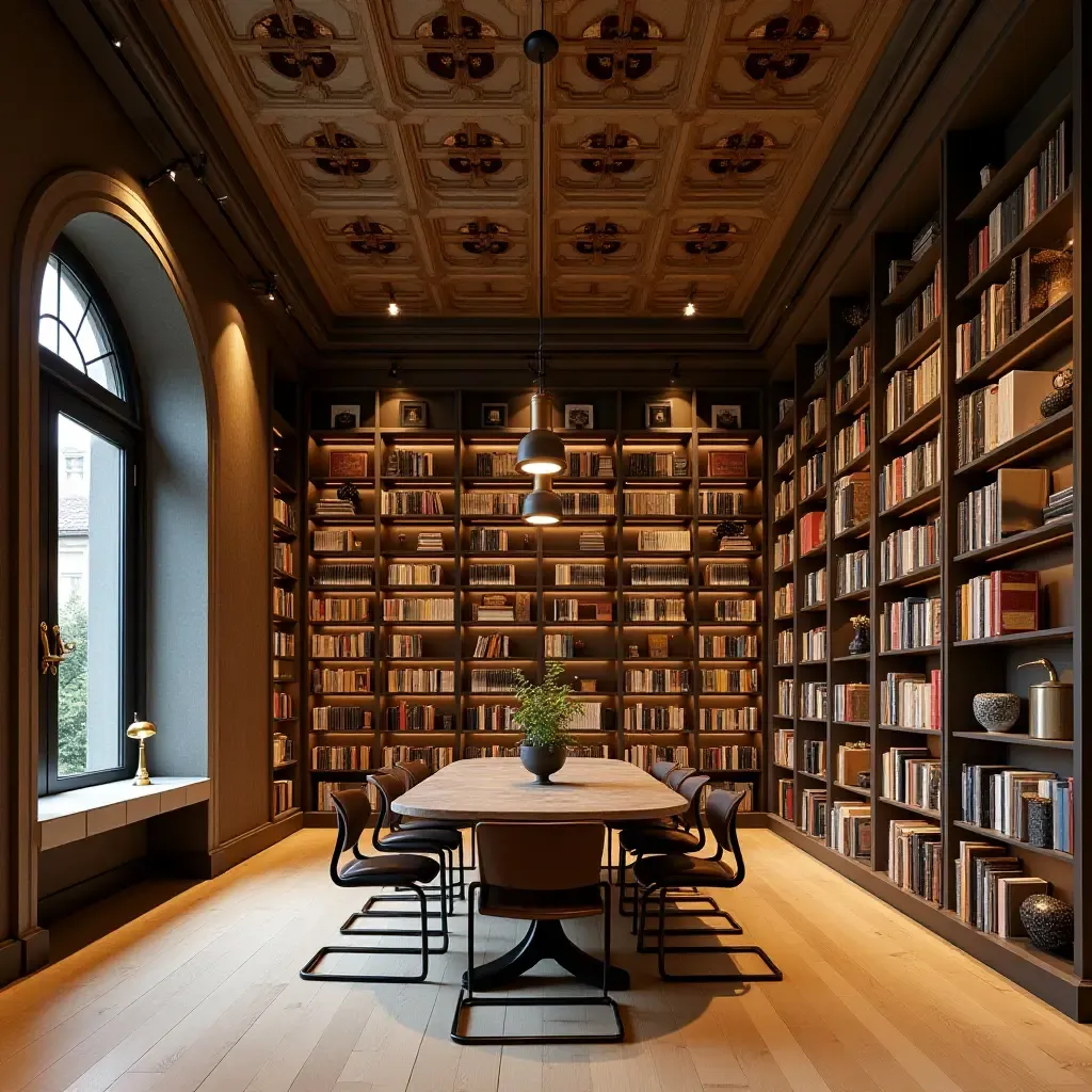 a photo of a library featuring a unique book display on the ceiling