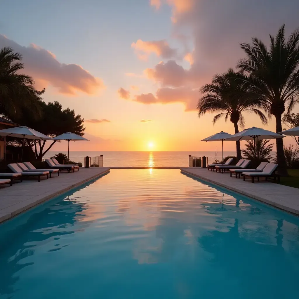 a photo of a beautiful sunset view from a pool area with seating